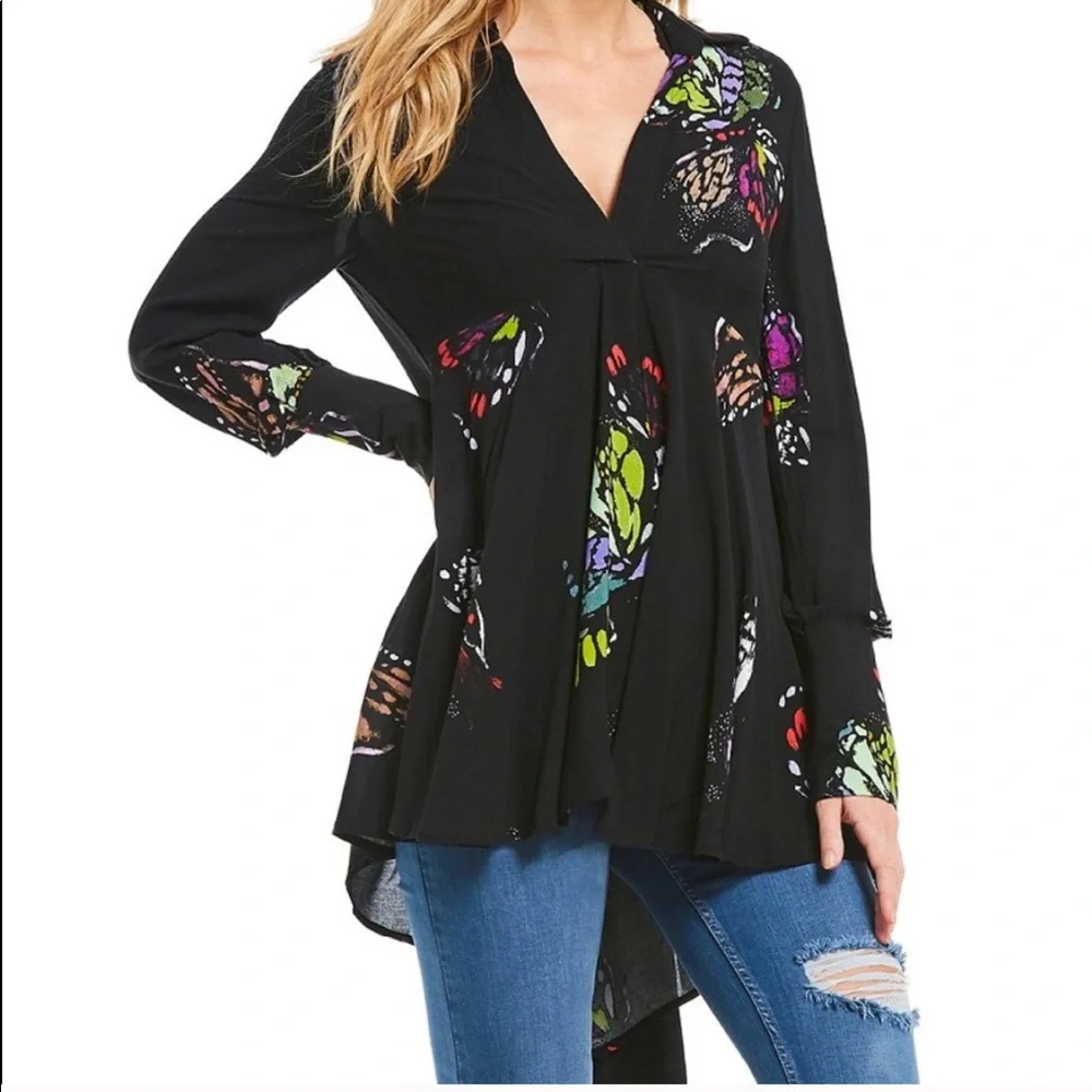 FREE PEOPLE FIELD OF BUTTERFLIES FLORAL LONG SLEEVE TOP XS NWT Boho Y2K Festival